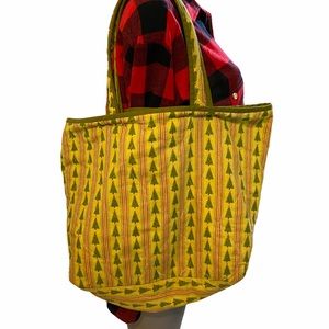 Vintage Christmas Shopping Tote Bag Purse Pine Tree Print Cloth Canvas 20X14”